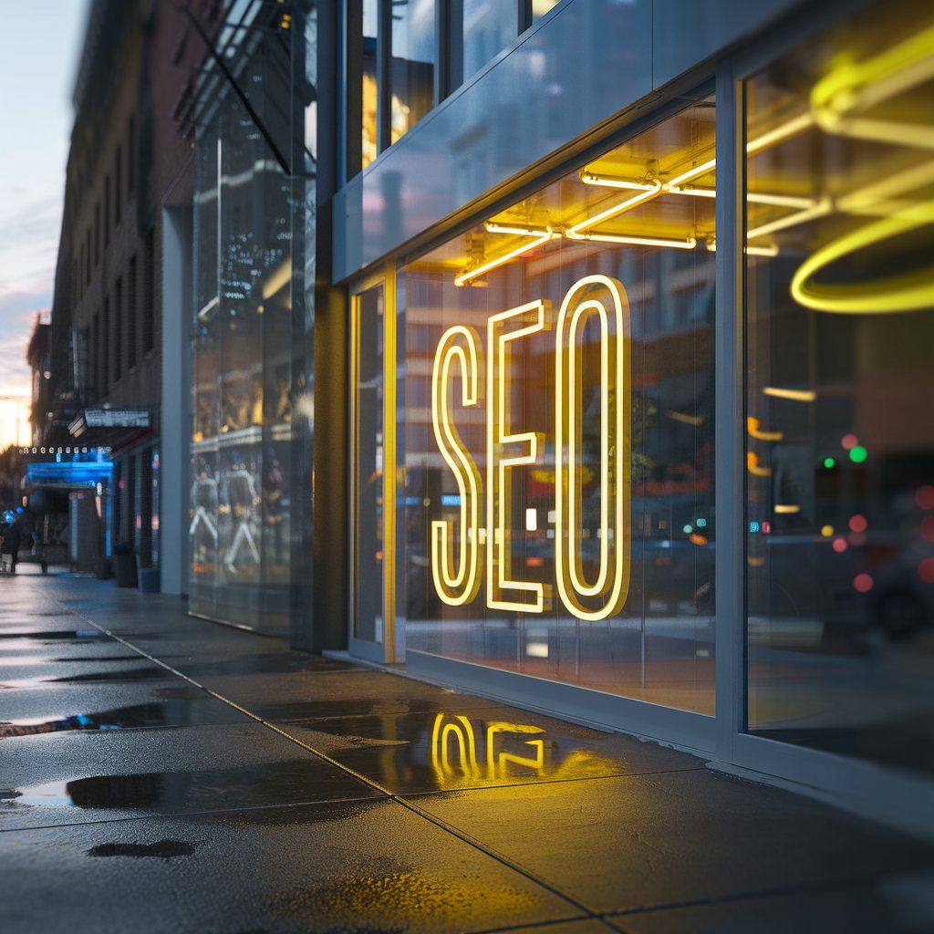 storefront of a shop in New York City with a big Neon sign that says "SEO"