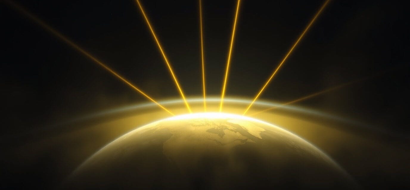 Earth from space with multiple yellow neon rays emanating, interconnected globe