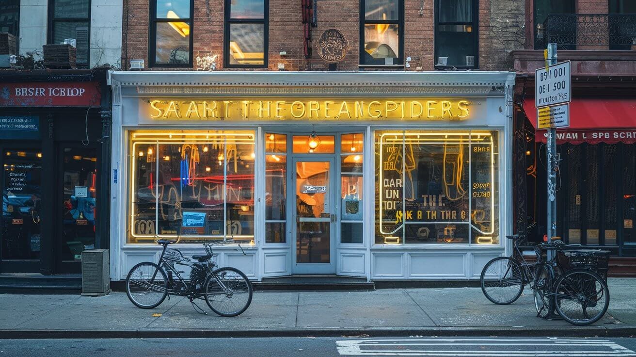 image of a new york business storefront with yellow neon lights