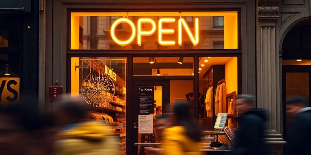 new york city busy small business store front with a neon sign that says open