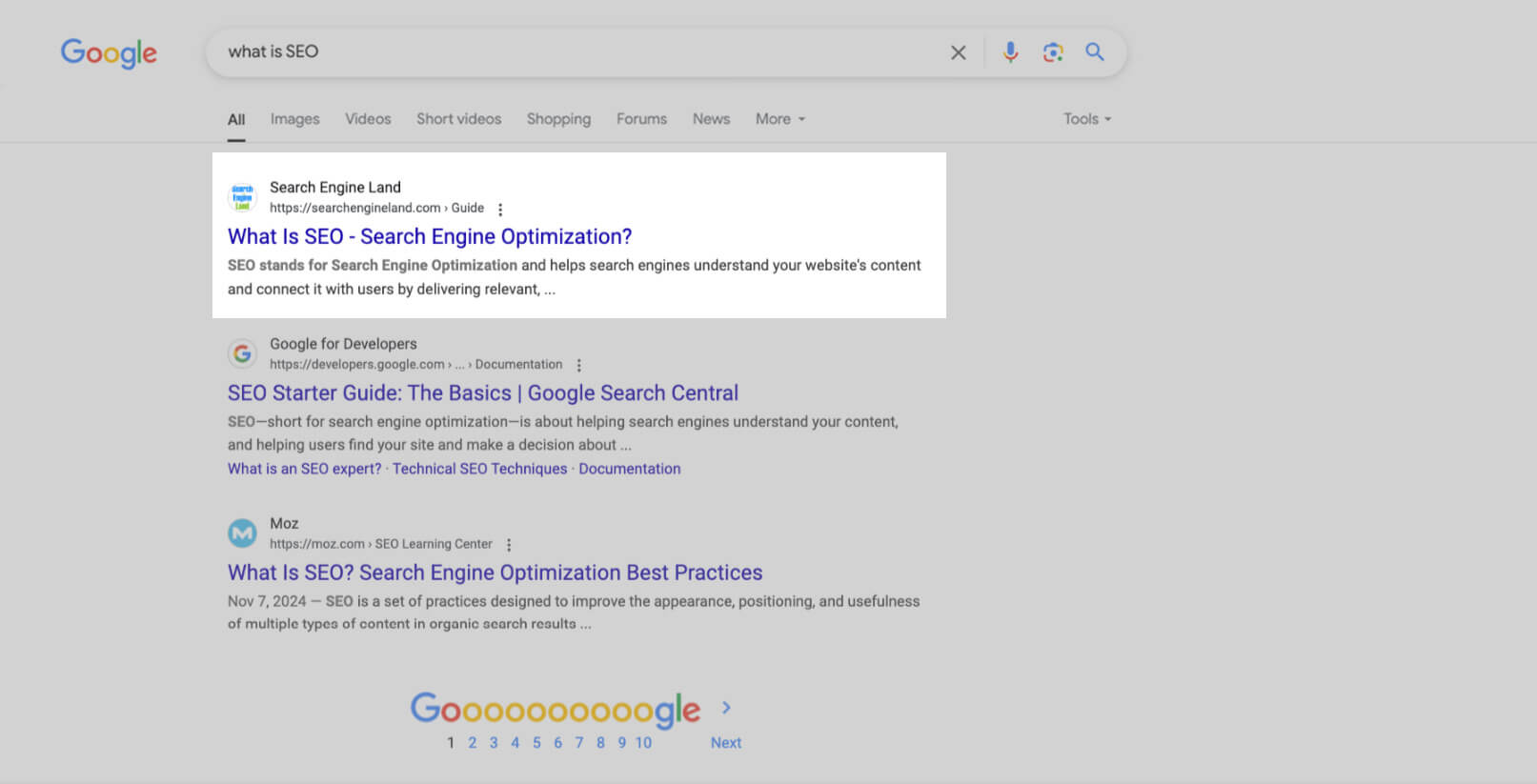 Google page showing results for the search term "what is SEO"